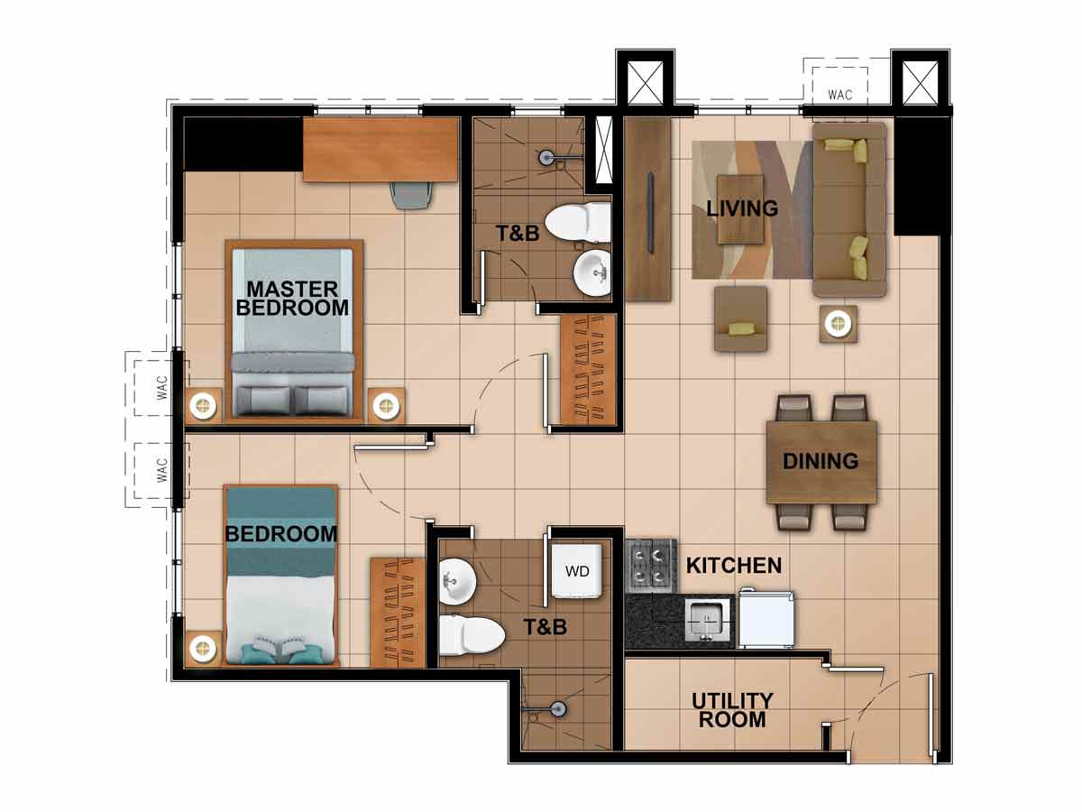 Avida Towers Riala 2-Bedroom Unit Layout
