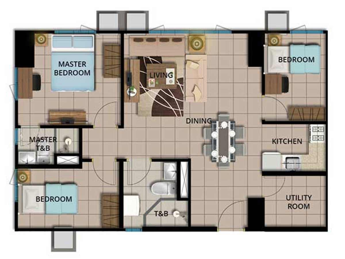 Avida Towers Verte 3-Bedroom Unit Layout